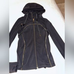 Lululemon Define black full zip hooded jacket with gold accents